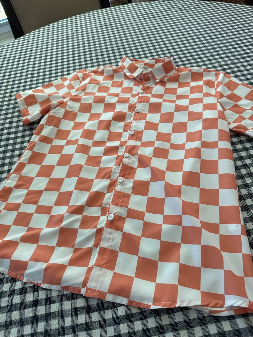 Men's Short-Sleeve Checkered Shirt - Orange/White